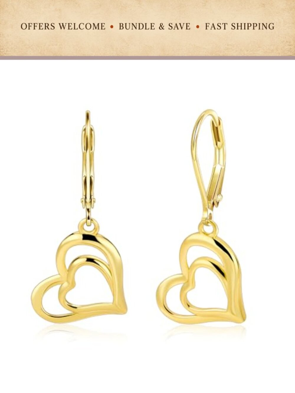 Heart Dangle Earrings 14k Gold Plated Sterling Silver Leverback Drop